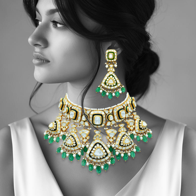 Polki Choker Set with Green Enamel and Emerald Drop Details